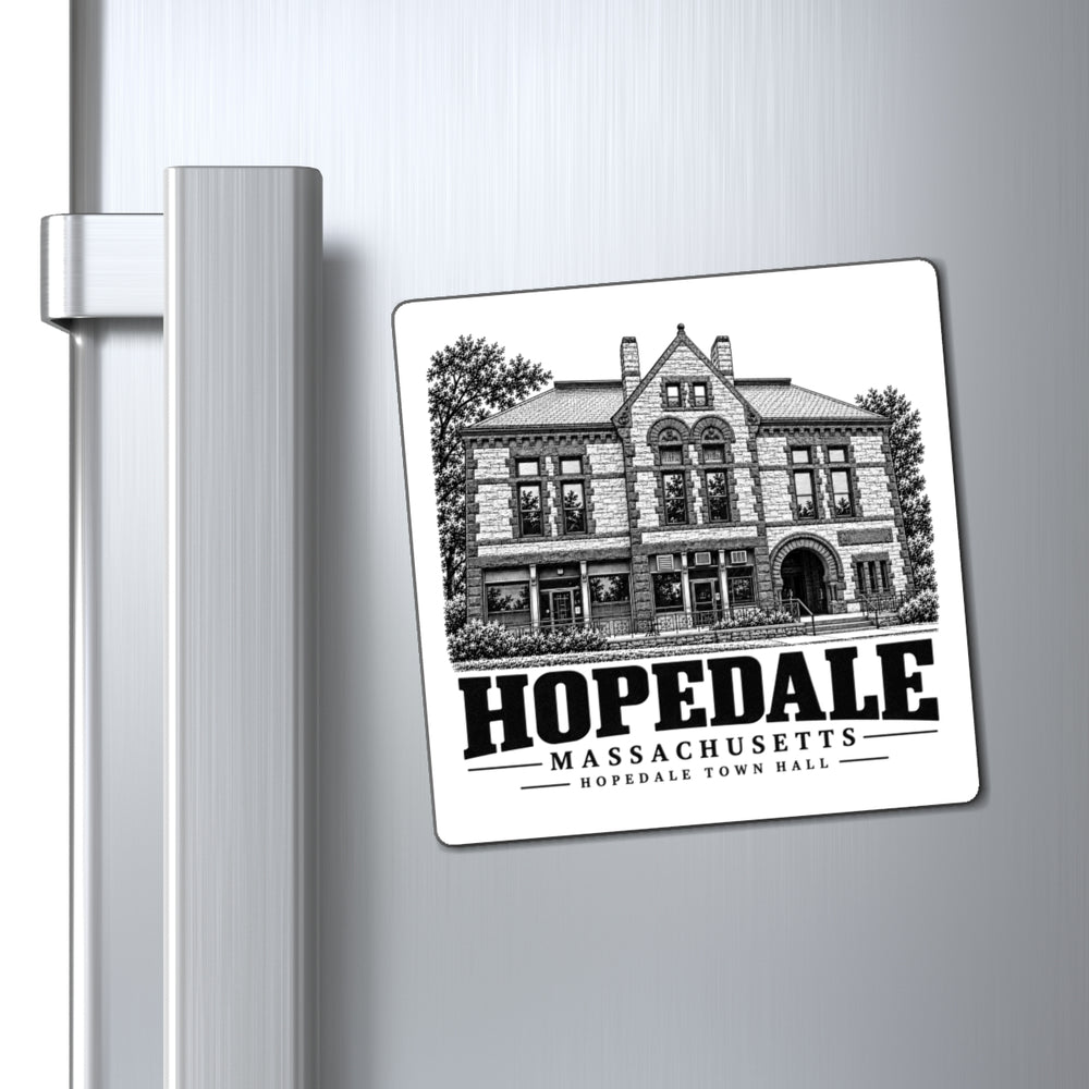 Hopedale Town Hall magnet displayed on a refrigerator