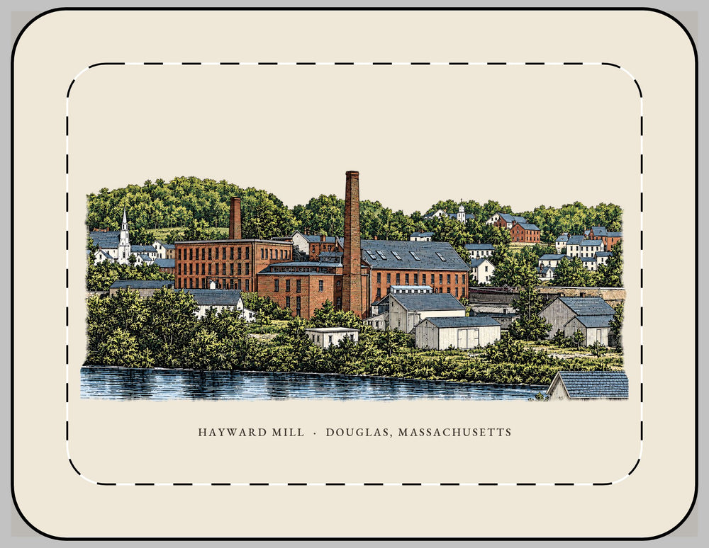 Douglas Hayward Mill 13-inch laptop sleeve mockup showing the full illustrated print