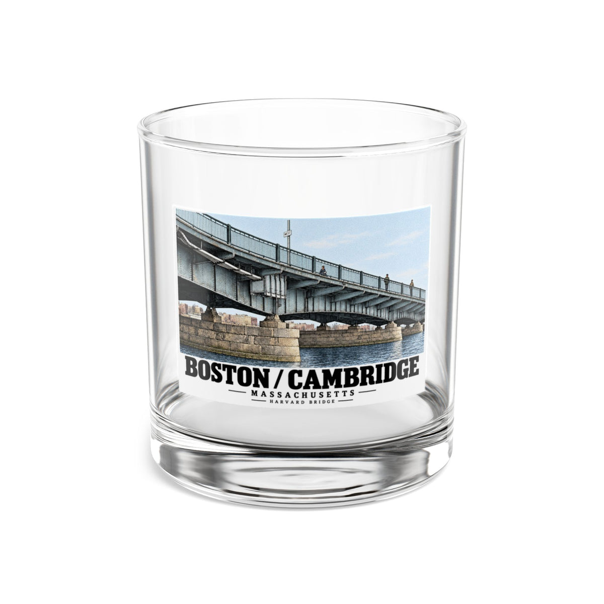 Clear rocks glass front with Harvard Bridge artwork and Boston/Cambridge lettering