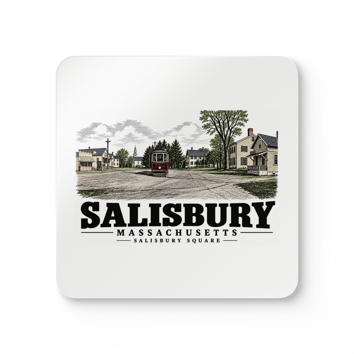 Front of Salisbury Square square cork-backed coaster set, Salisbury, Massachusetts.