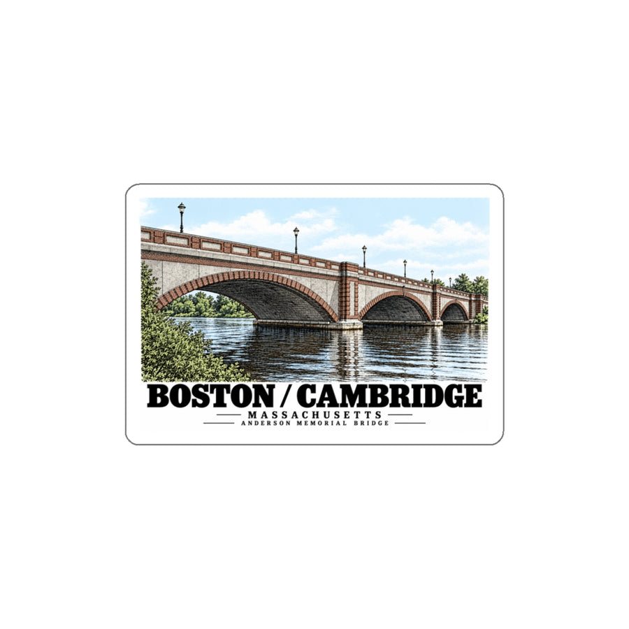 White bordered sticker showing Anderson Memorial Bridge close arch view artwork and Boston/Cambridge lettering