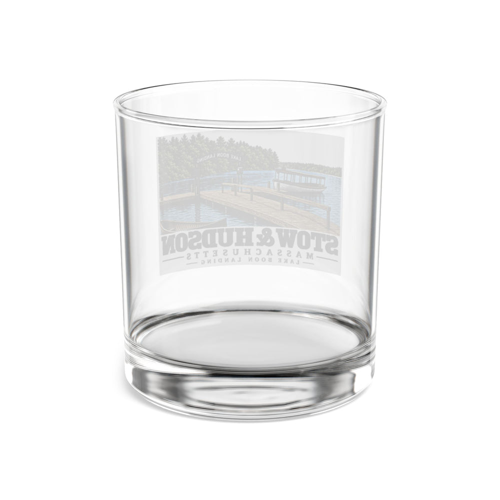 Illustrated Lake Boon Landing in Stow and Hudson on rocks glass