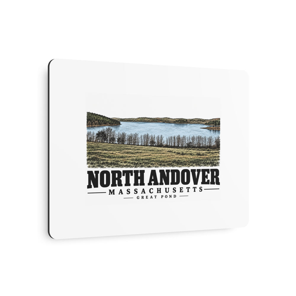 Angled front of Great Pond metal wall art, with North Andover, Massachusetts artwork and lettering.