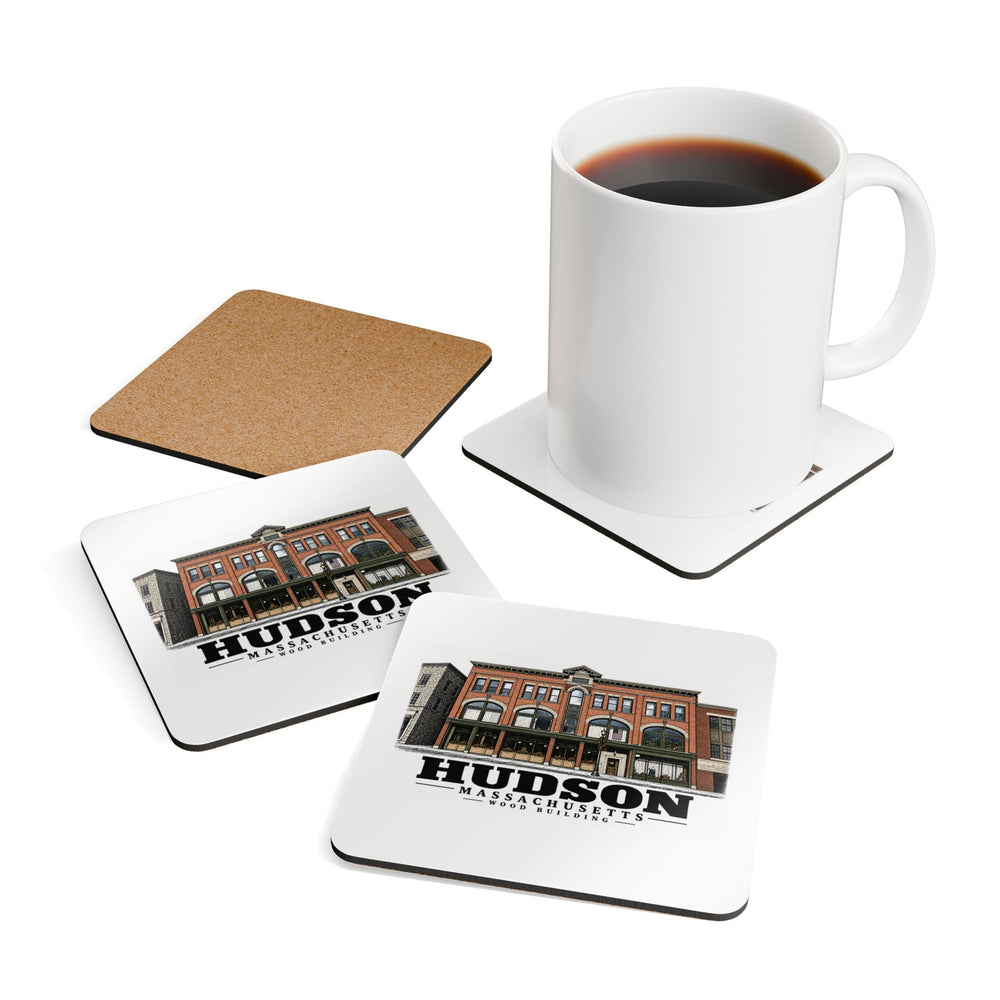 Illustrated Wood Building in Hudson on corkwood coaster set