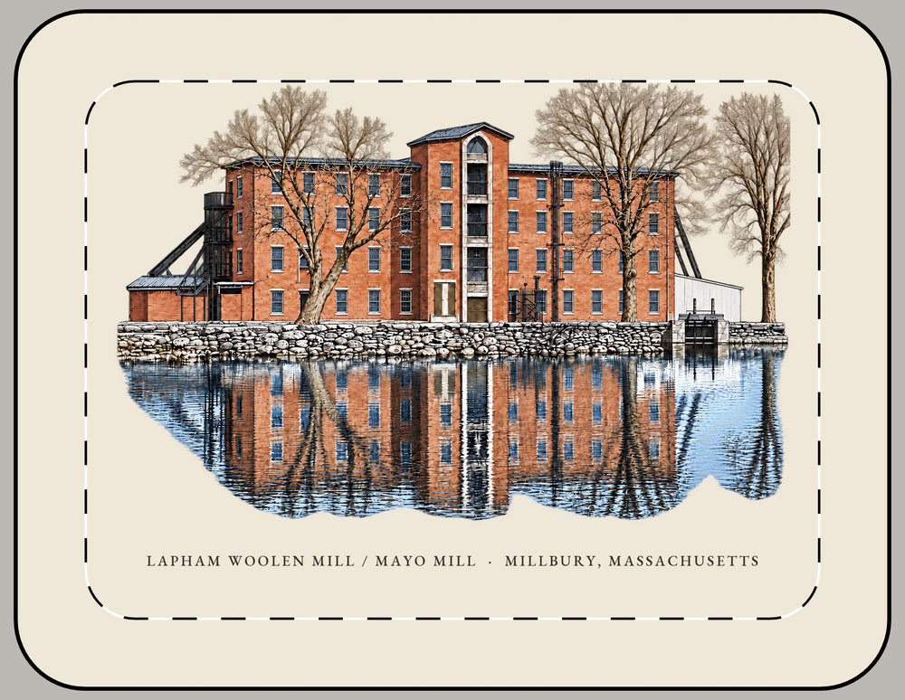 Millbury Lapham Woolen Mill / Mayo Mill 15-inch laptop sleeve mockup showing the full illustrated print