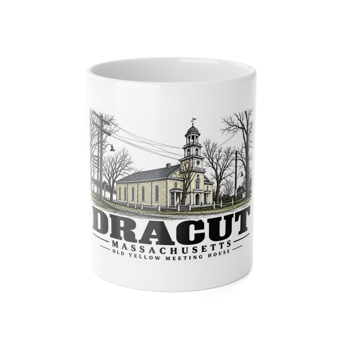 Front of Old Yellow Meeting House white ceramic mug, Dracut, Massachusetts.