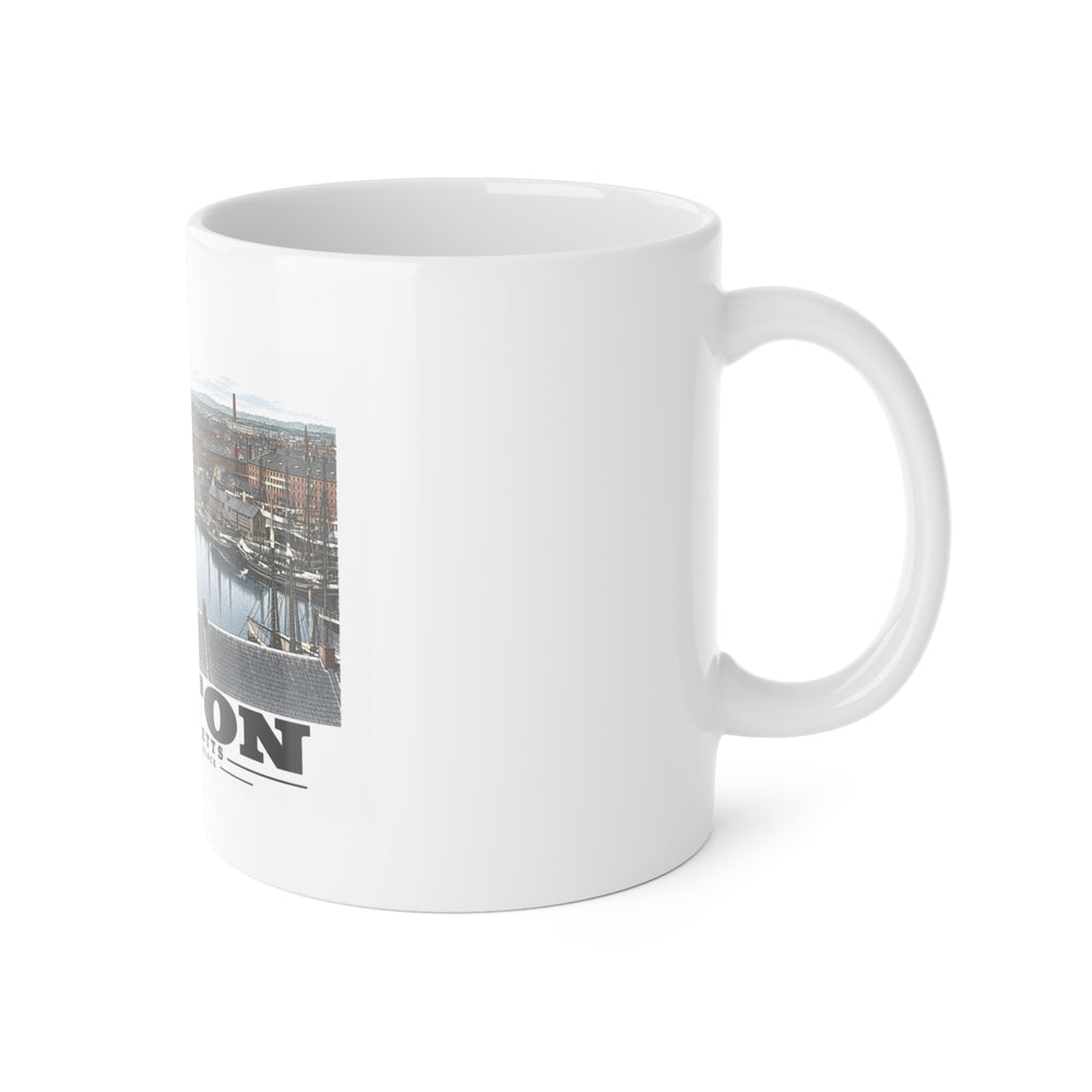 White mug with handle at right and part of the Boston waterfront buildings, wharves, boats and harbor water print at left