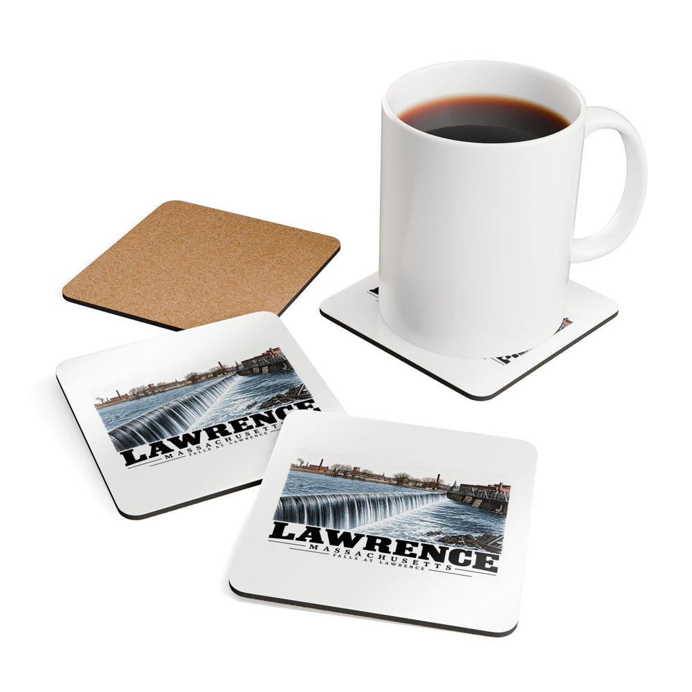Tabletop display with coffee mug prop of Falls at Lawrence square cork-backed coaster set, Lawrence, Massachusetts.