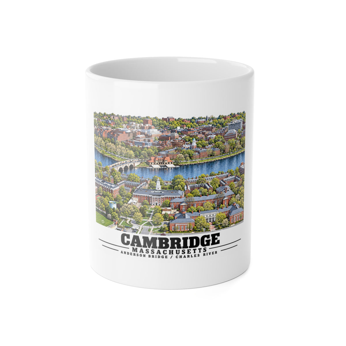 White ceramic mug front with Cambridge and Charles River aerial artwork and Cambridge lettering.