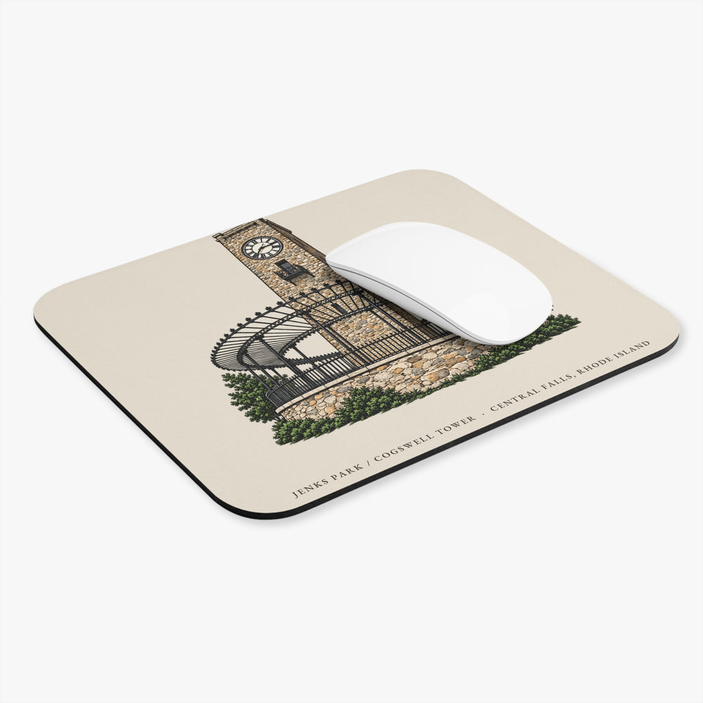 Central Falls Jenks Park / Cogswell Tower mouse pad mockup showing the full illustrated print