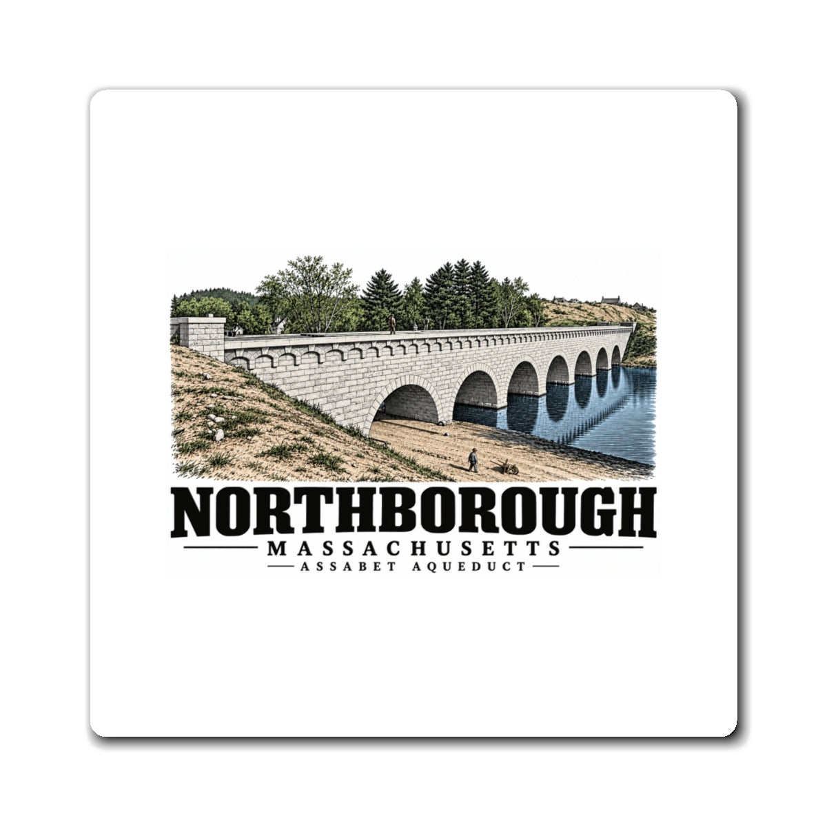 Illustrated Assabet Aqueduct in Northborough on square magnet
