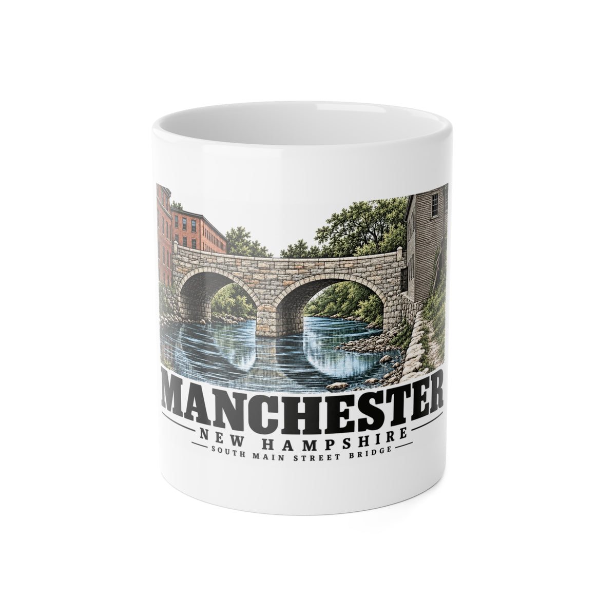 Manchester South Main Street stone-arch bridge 11 oz White Ceramic Mug - Merrimack Valley Goods