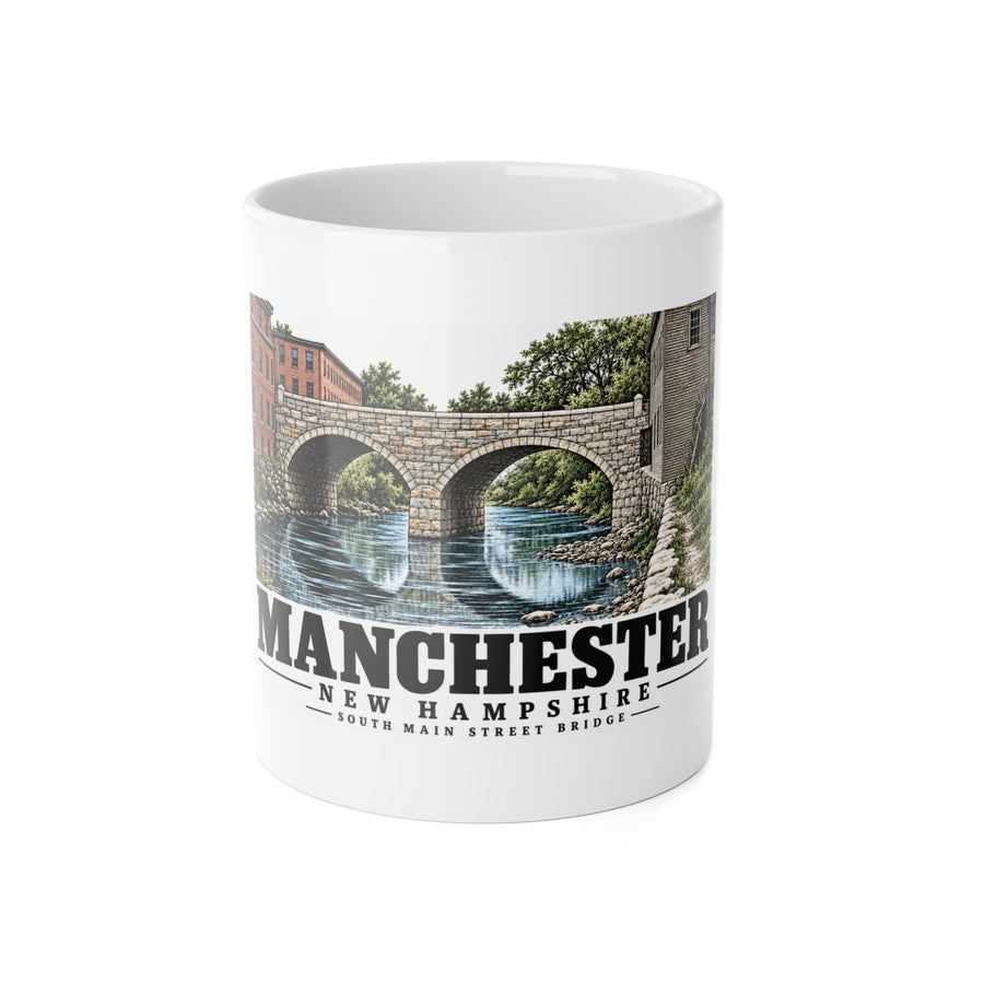 Manchester South Main Street stone-arch bridge 11 oz White Ceramic Mug - Merrimack Valley Goods