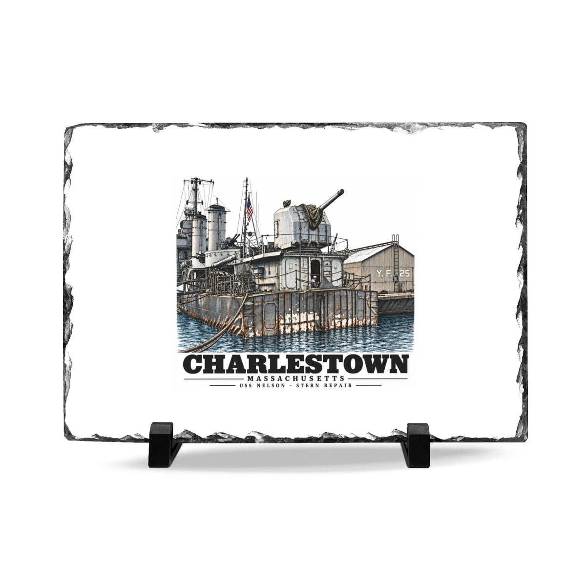 Front of 11 x 7 inch slate desk plaque with USS Nelson stern repair artwork and Charlestown lettering