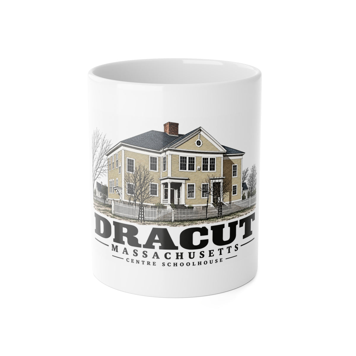 Dracut Dracut Centre schoolhouse later used for town office, library and museum 11 oz White Ceramic Mug - Merrimack Valley Goods