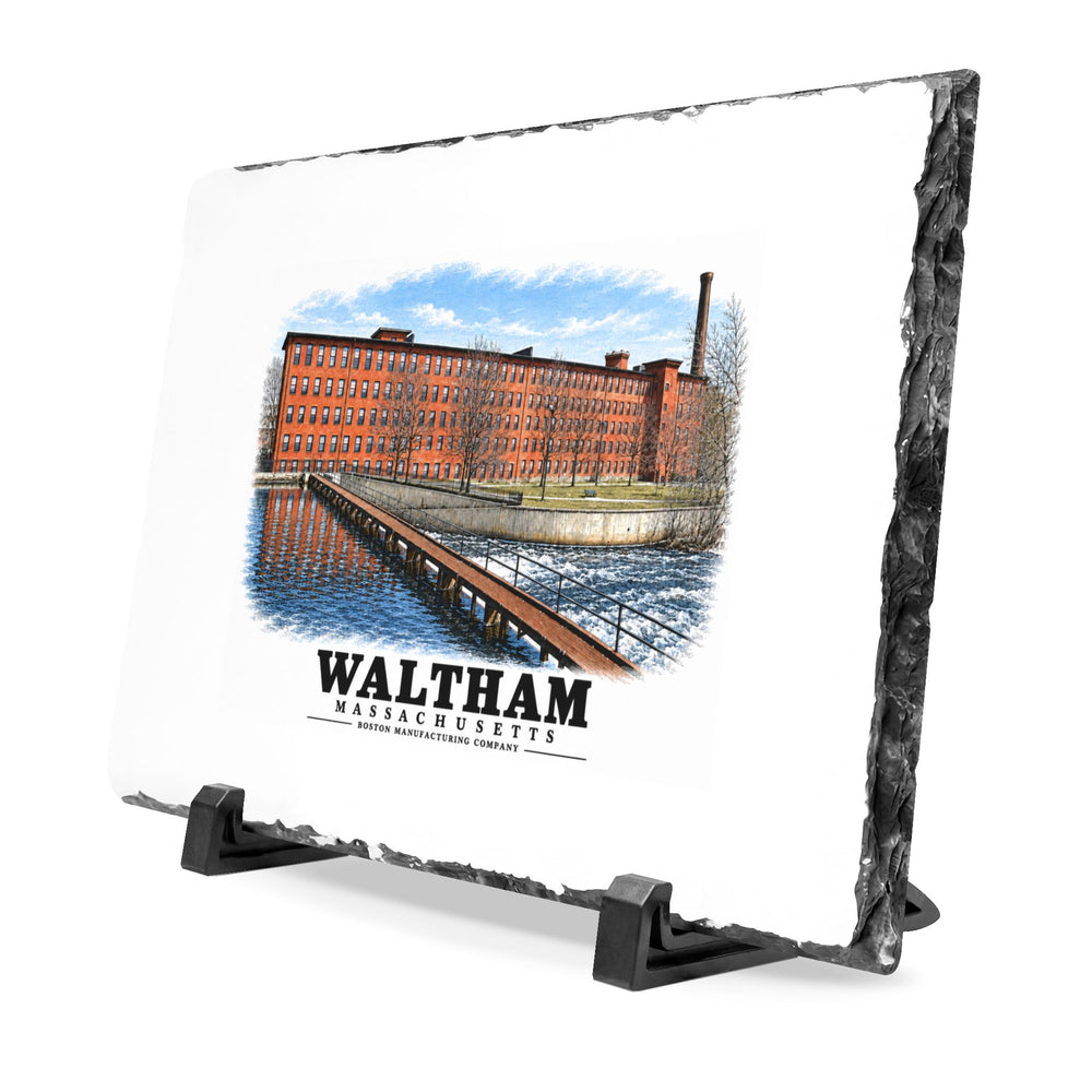Boston Manufacturing Company, 144-190 Moody Street; Moody Street Dam, Charles River 7 × 11 in Slate Desk Plaque - Charles River