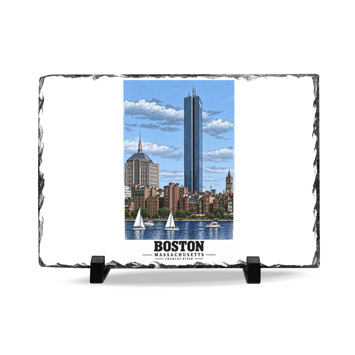 Illustrated Boston, Massachusetts, from the Charles River in Boston and Cambridge on slate desk plaque