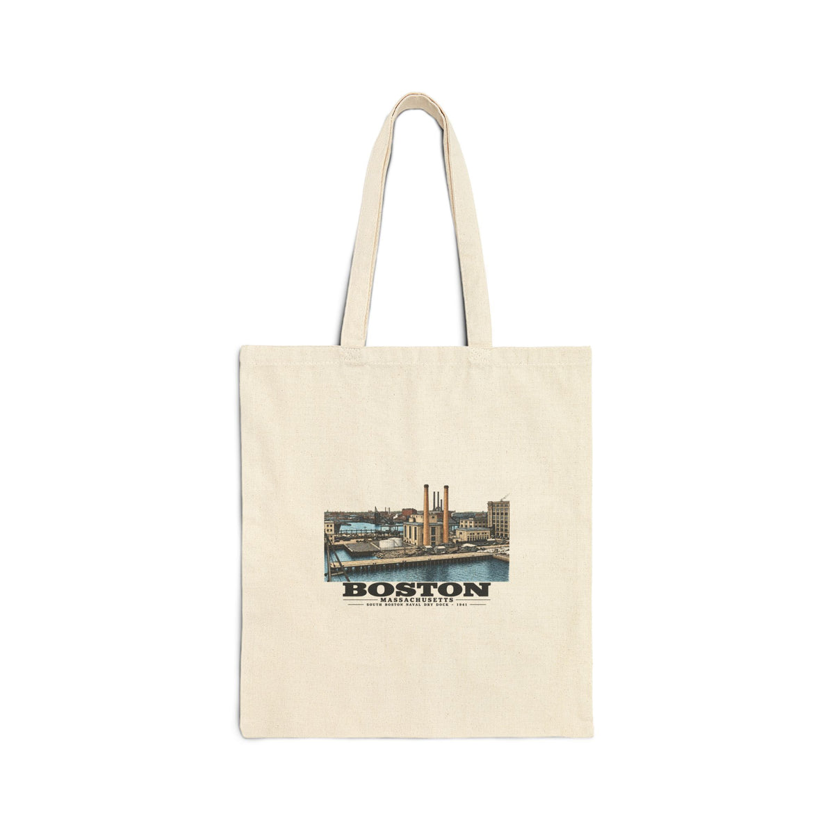 South Boston Dry Dock Area Mar 29-41 from roof of elevator shaft SE Natural Heavy Canvas Tote - Boston Harbor