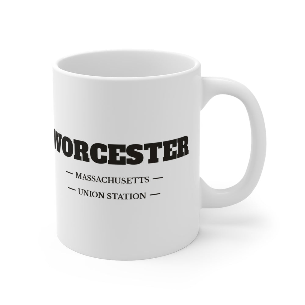 Worcester Union Station 11 oz ceramic mug — lettering view, handle right — Familiar History