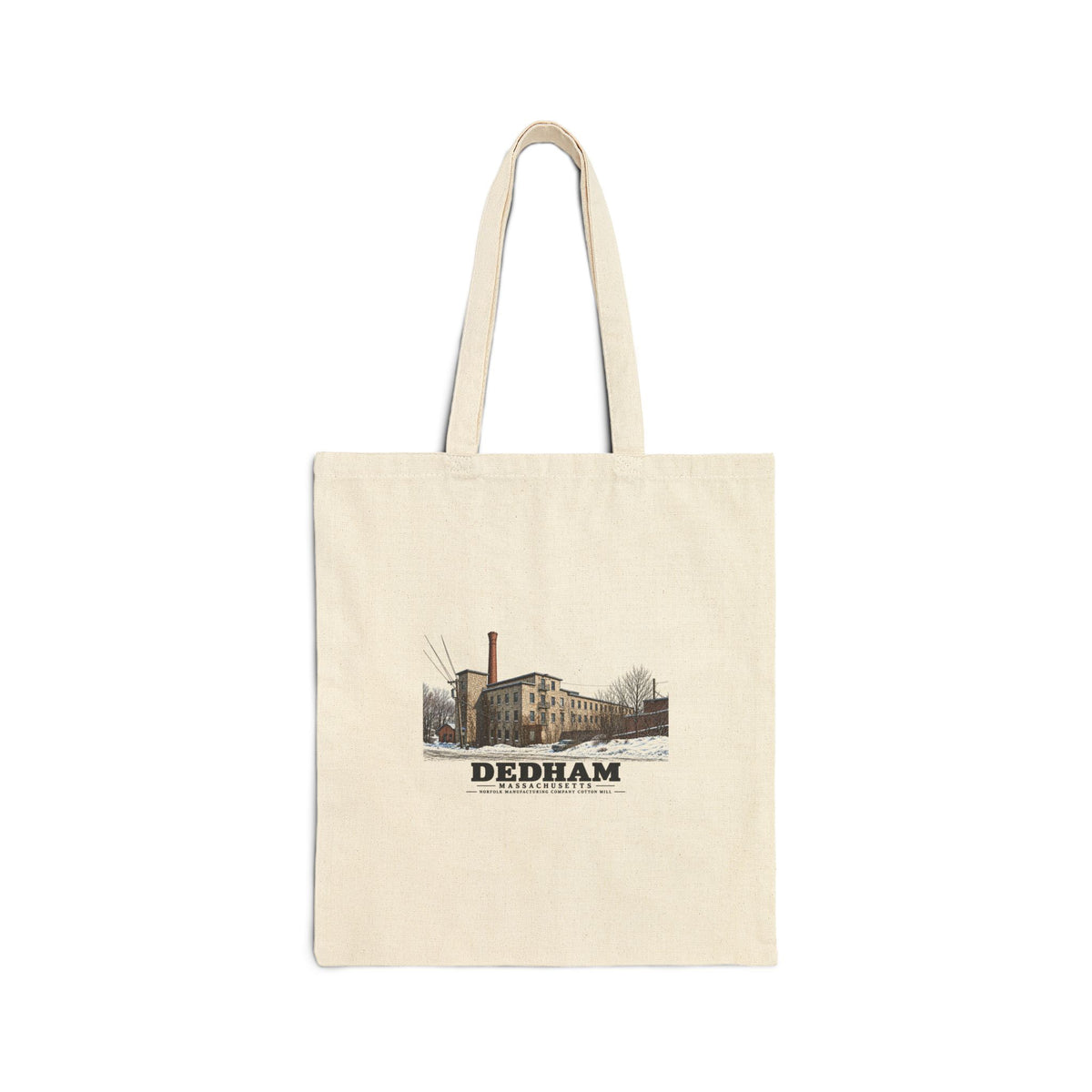Illustrated Norfolk Manufacturing Company Cotton Mill in Dedham on cotton canvas tote — natural canvas