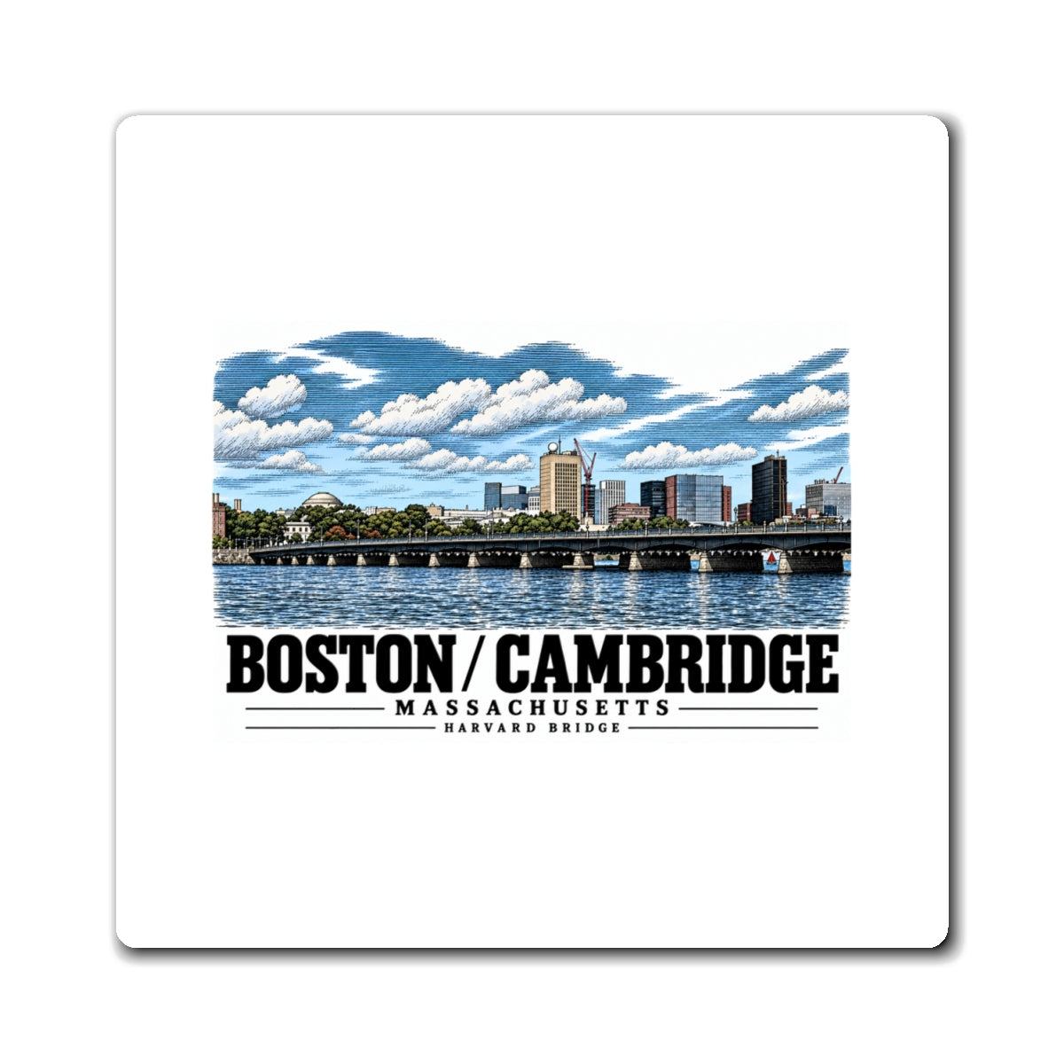 White rectangular magnet showing Harvard Bridge river and skyline view artwork and Boston/Cambridge lettering