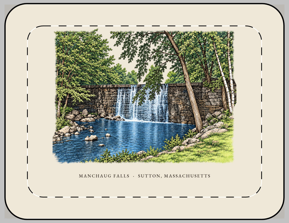 Sutton Manchaug Falls 13-inch laptop sleeve mockup showing the full illustrated print