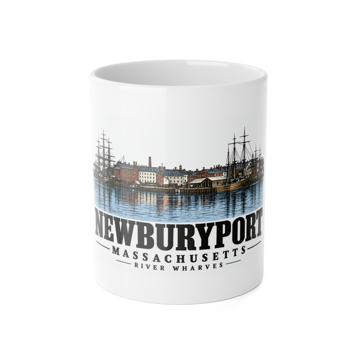 Newburyport River wharves and sailing vessels, 1864 11 oz White Ceramic Mug - Merrimack Valley Goods