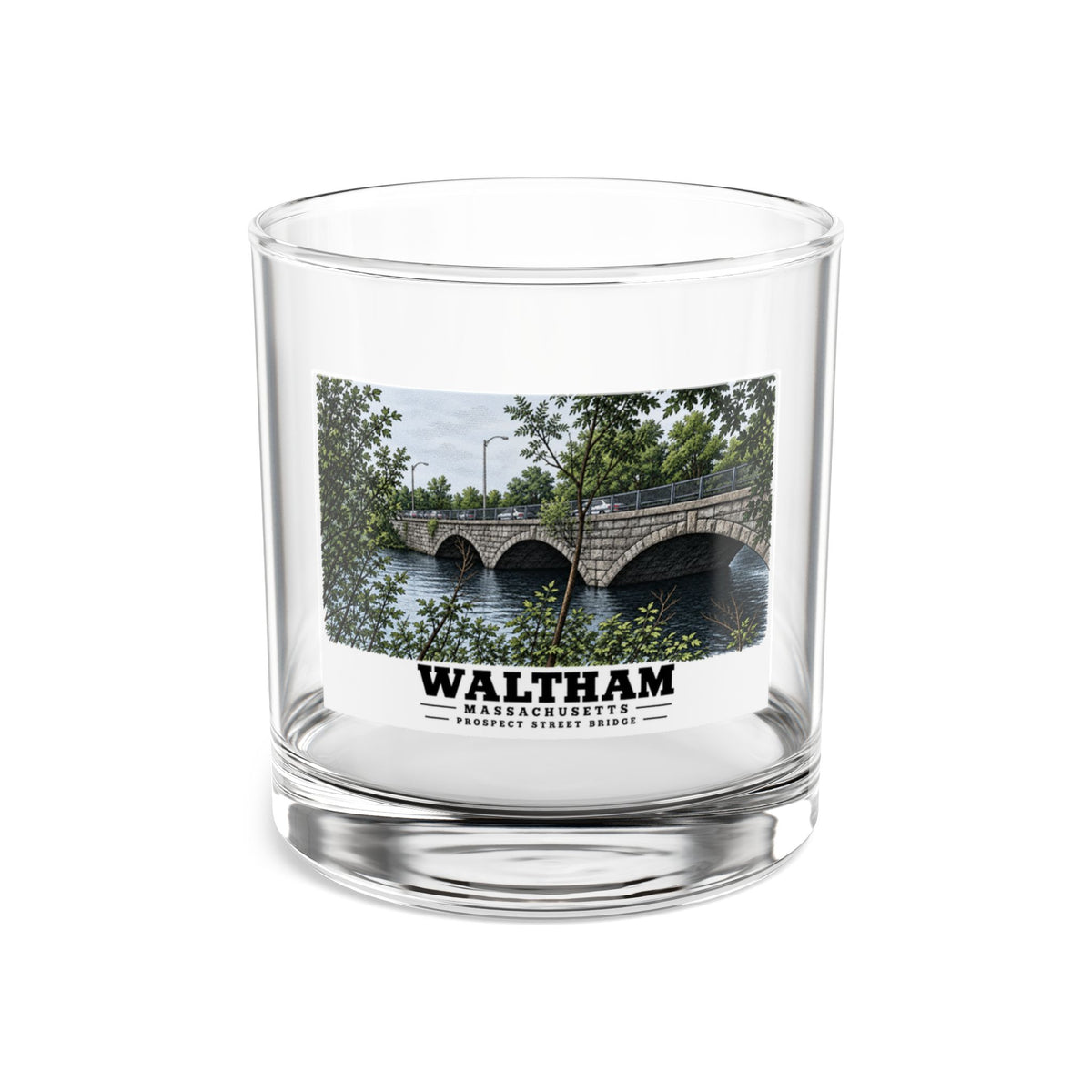 Clear rocks glass showing Prospect Street Bridge stone arches and river artwork and Waltham lettering