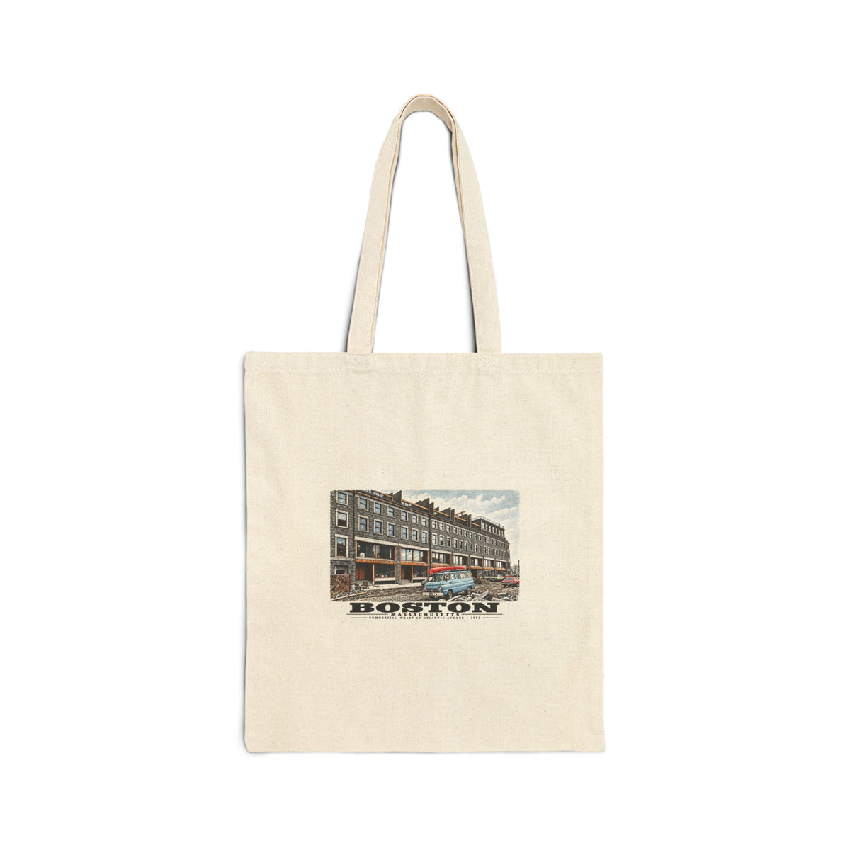 Natural fabric tote with Commercial Wharf Street buildings, blue van and renovation debris artwork and Boston lettering