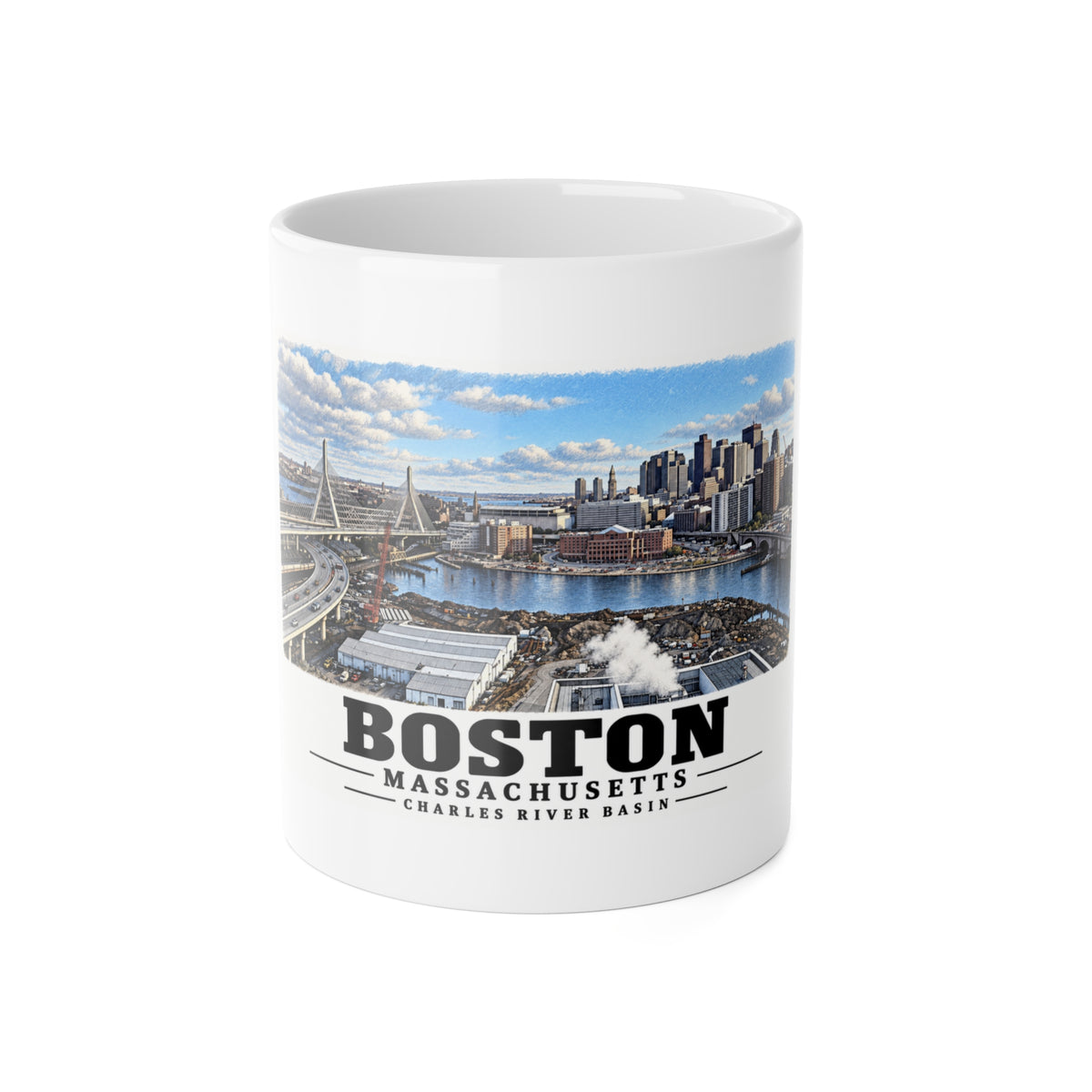 White mug showing Boston skyline, cable-stayed bridge and Charles River basin artwork and Boston lettering