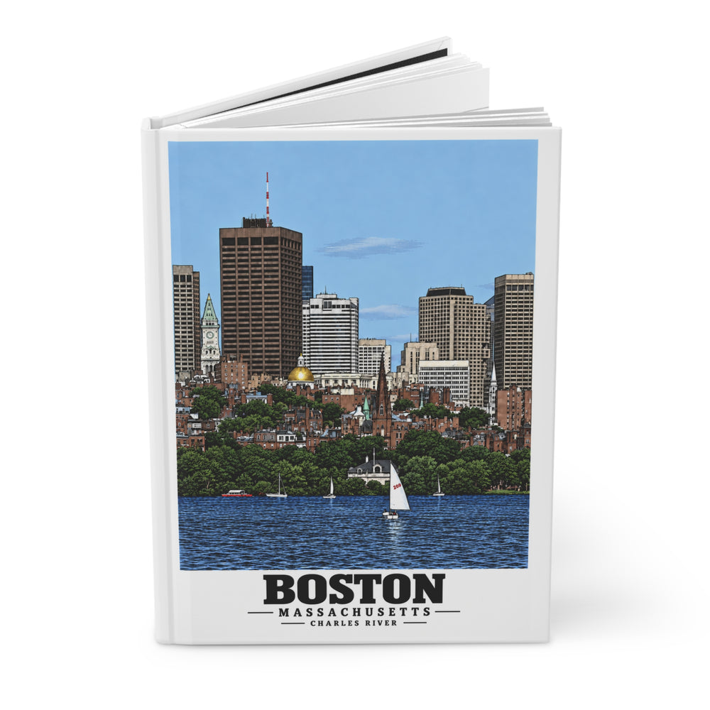 Illustrated View of Boston, Massachusetts, from the Charles River in Boston and Cambridge on matte hardcover journal