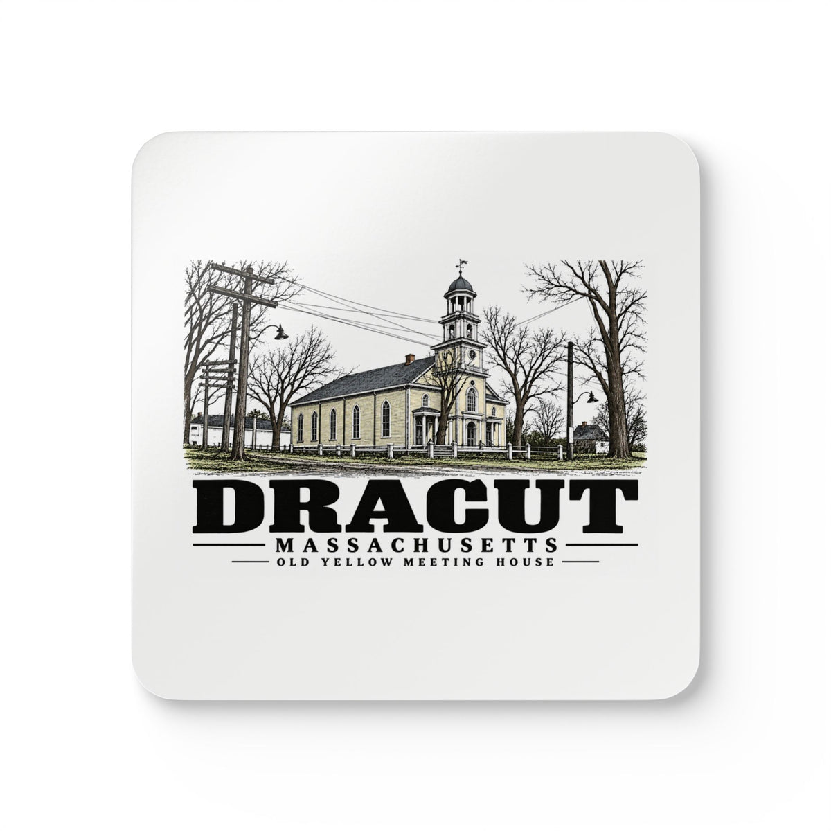 Front of Old Yellow Meeting House square cork-backed coaster set, Dracut, Massachusetts.