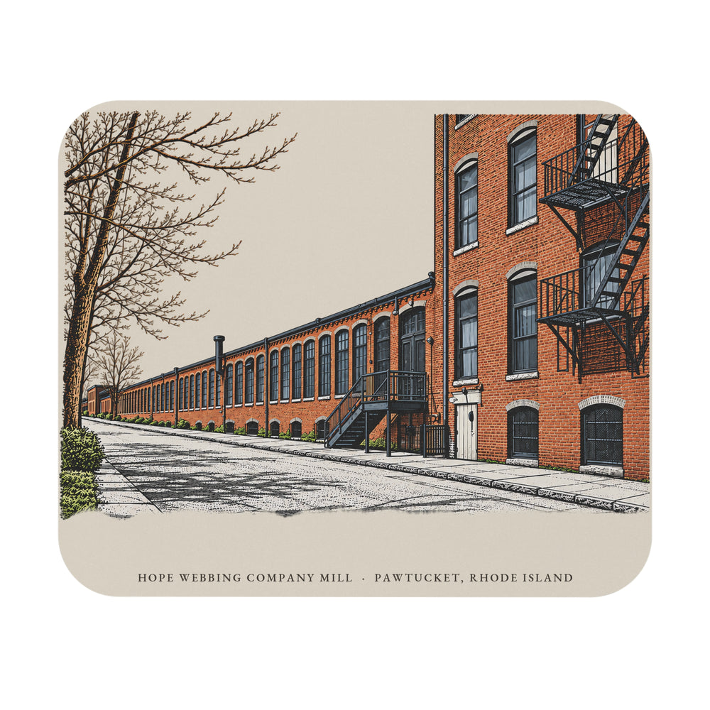 Pawtucket Hope Webbing Company Mill mouse pad mockup showing the full illustrated print