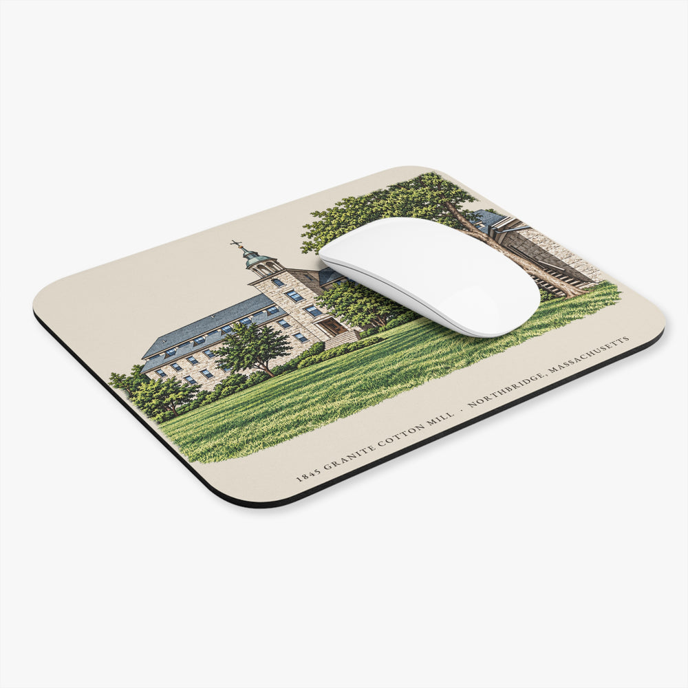 Northbridge 1845 Granite Cotton Mill mouse pad mockup showing the full illustrated print