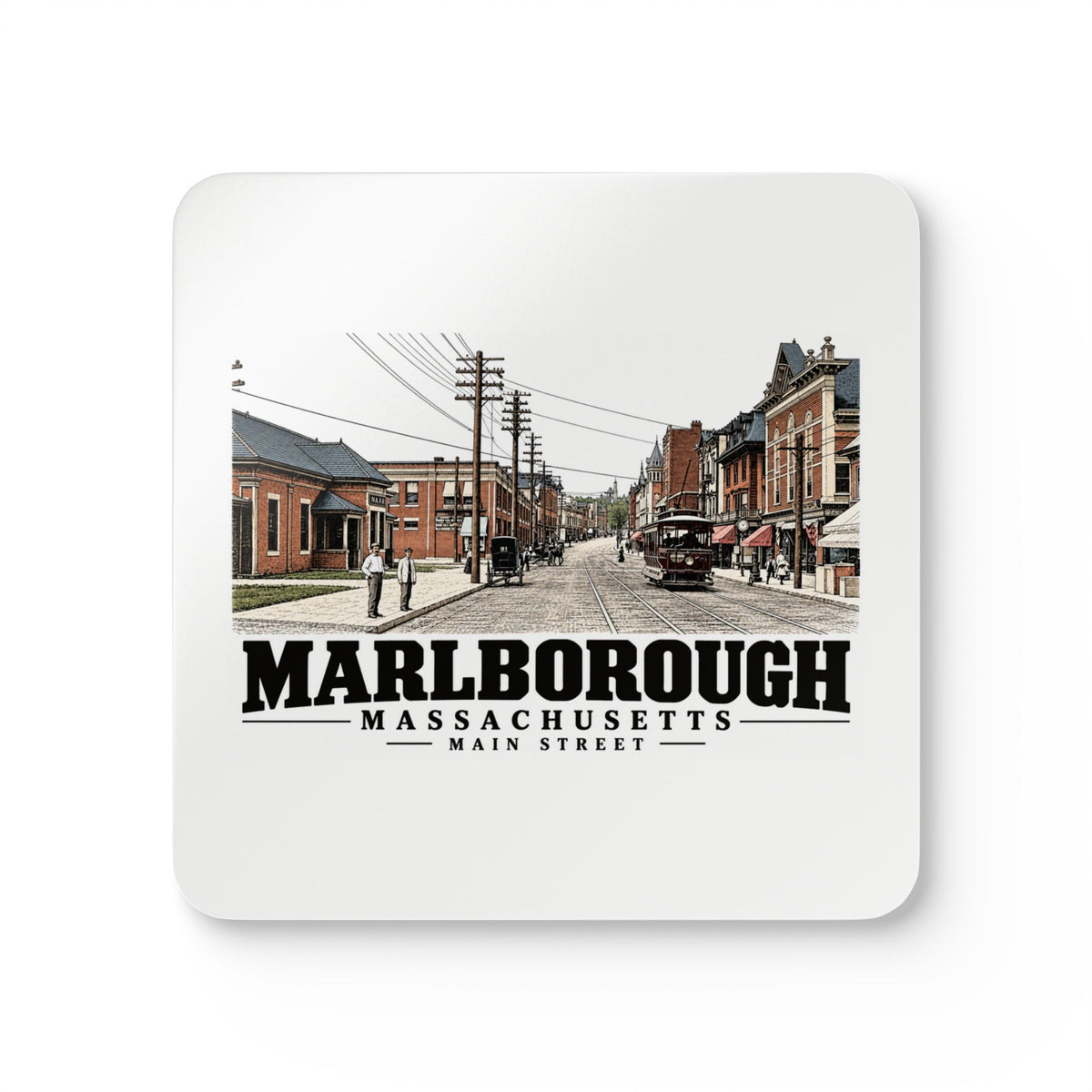 Illustrated Main Street in Marlborough on corkwood coaster set