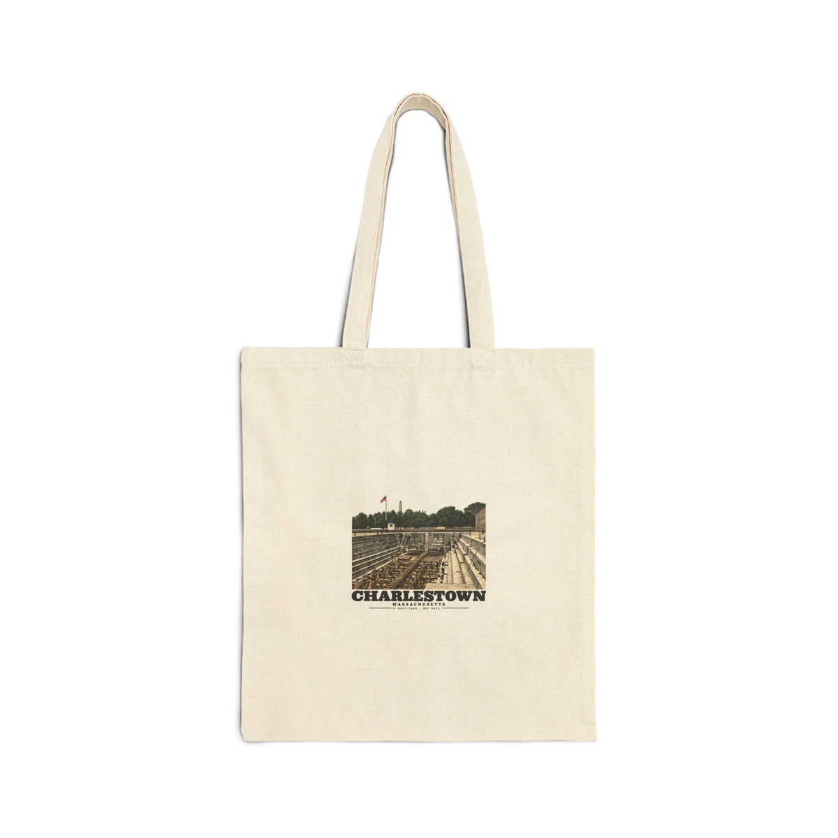 Front of natural cotton canvas tote with dry-dock and Charlestown artwork