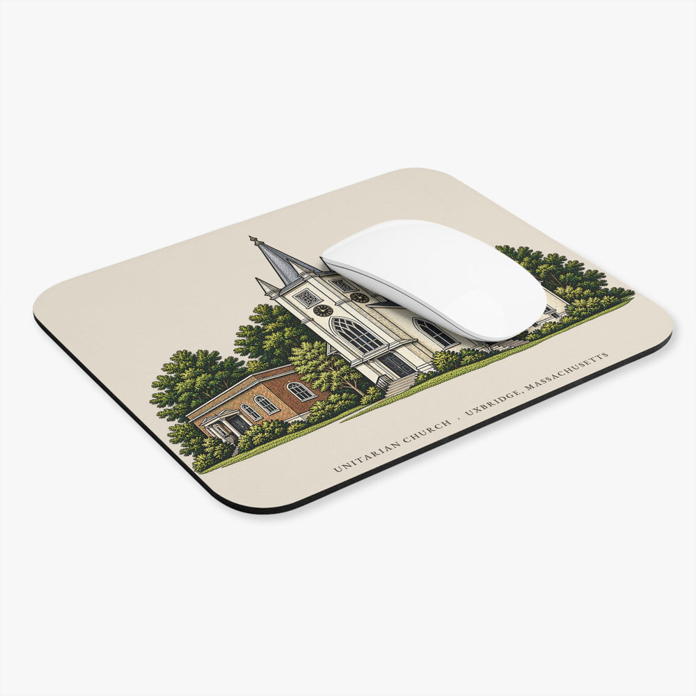 Uxbridge Unitarian Church mouse pad mockup showing the full illustrated print