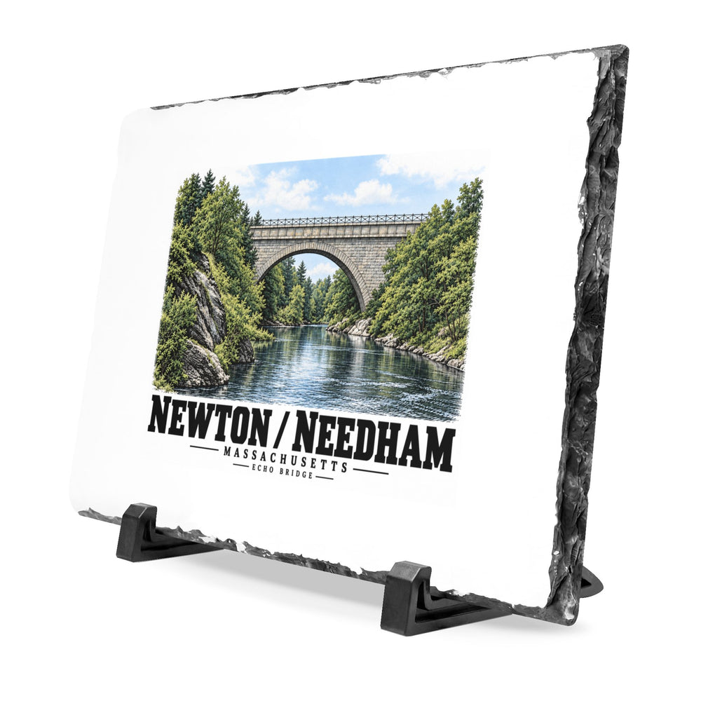 Angled slate plaque on two black supports with Echo Bridge artwork showing a stone arch over a river and trees, with Newton/Needham lettering and a rough dark stone edge.