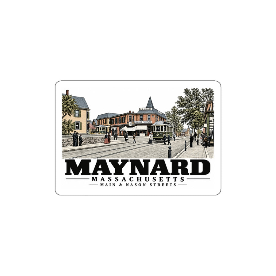 Illustrated Main & Nason Streets in Maynard on die-cut sticker