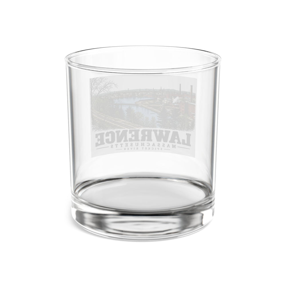 Transparent reverse of Spicket River rocks glass, with Lawrence, Massachusetts artwork and lettering.