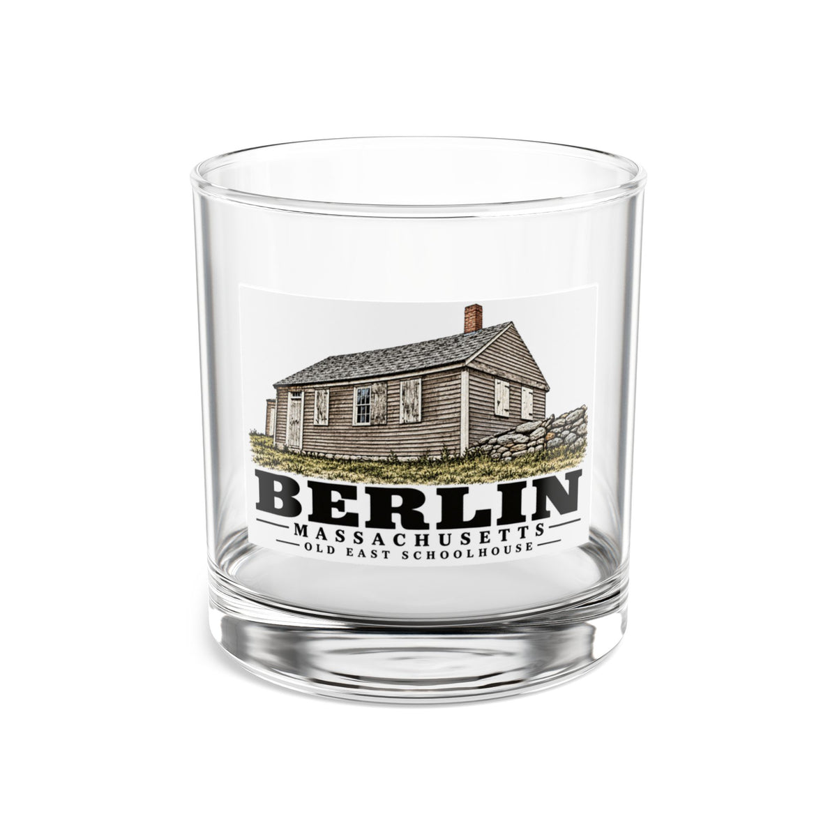 Illustrated Old East Schoolhouse in Berlin on rocks glass