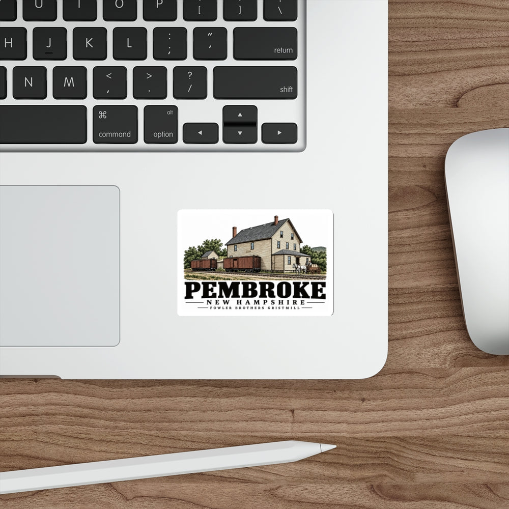 Laptop display of Fowler Brothers Gristmill white die-cut sticker, with Pembroke, New Hampshire artwork and lettering.