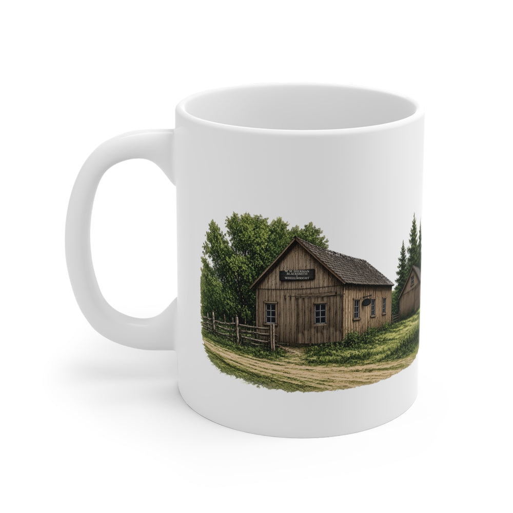 Sutton M. M. Sherman Blacksmith and Wheelwright Shop 11 oz ceramic mug — lettering view, handle right — Familiar History