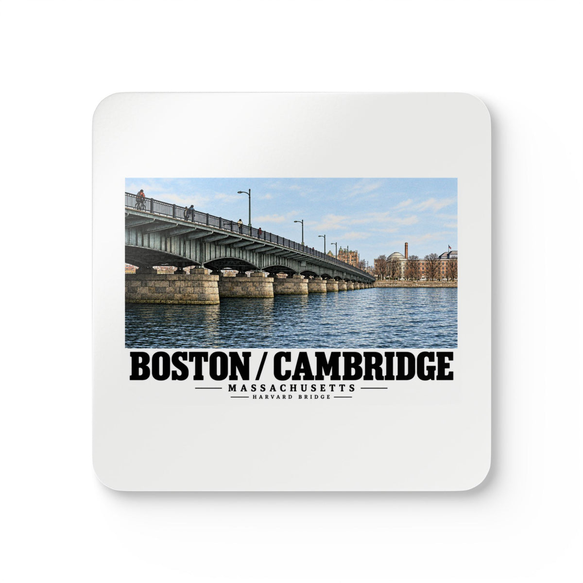 Coaster printed front with Harvard Bridge artwork and Boston/Cambridge lettering