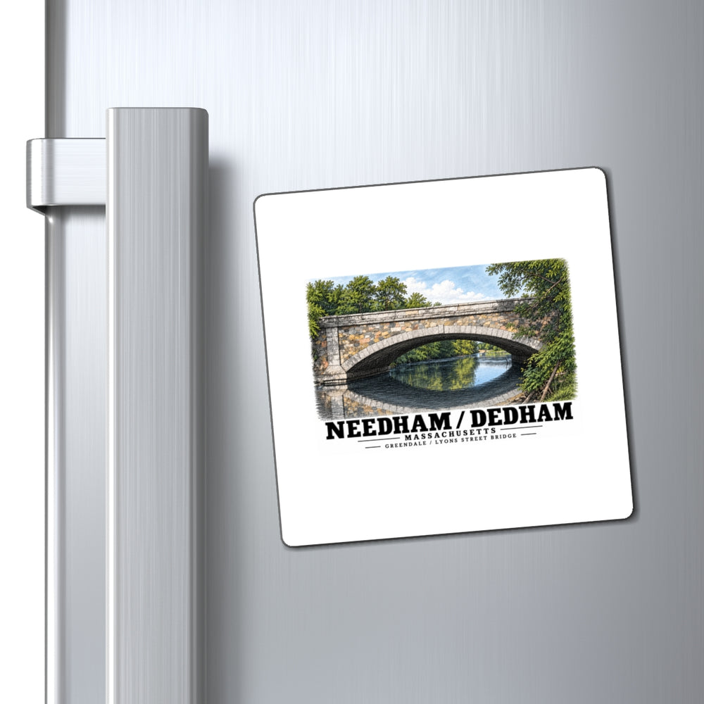 Greendale Avenue / Lyons Street Bridge stone arch and reflection magnet on a refrigerator beside its handle