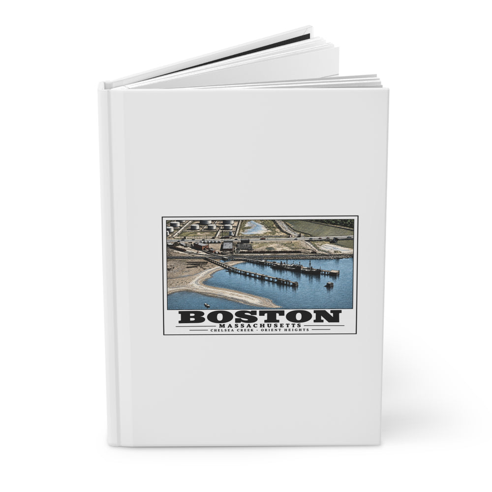 Orient Heights taken at 600 feet-Shore line, Chelsea Creek, East Boston Matte Hardcover Journal - Boston Harbor
