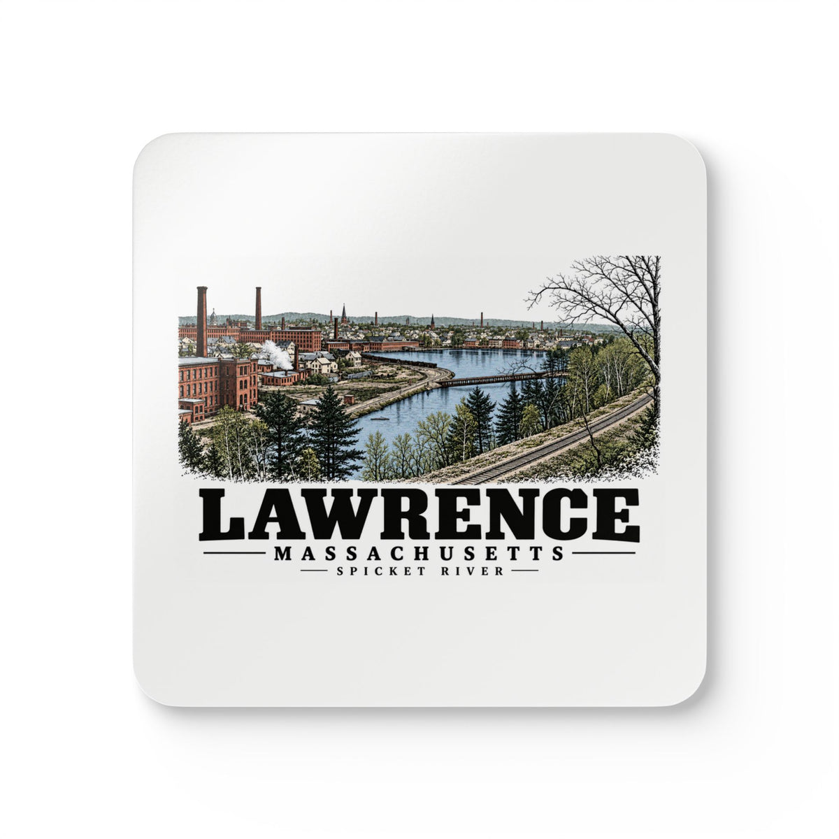Lawrence Spicket River factories and railroad tracks Cork Back Coaster Set - Merrimack Valley Goods
