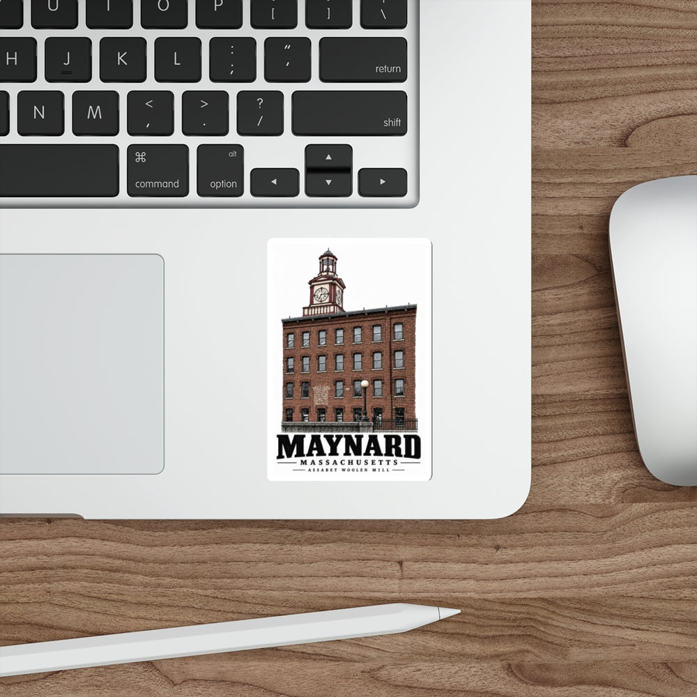 Illustrated Assabet Woolen Mill in Maynard on die-cut sticker