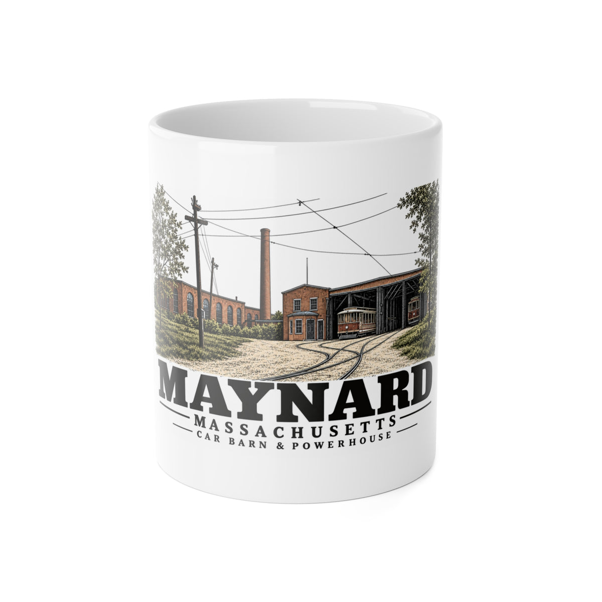 Illustrated Car Barn & Powerhouse in Maynard on ceramic mug