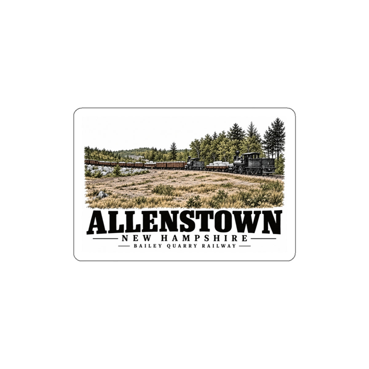 Front of Bailey Quarry Railway white die-cut sticker, Allenstown, New Hampshire.